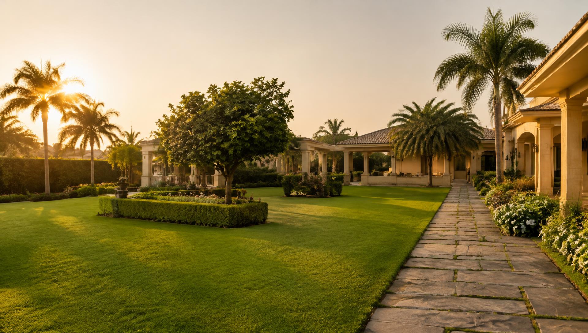 Landscaped villa garden with lawn, hedges and palms at golden hour