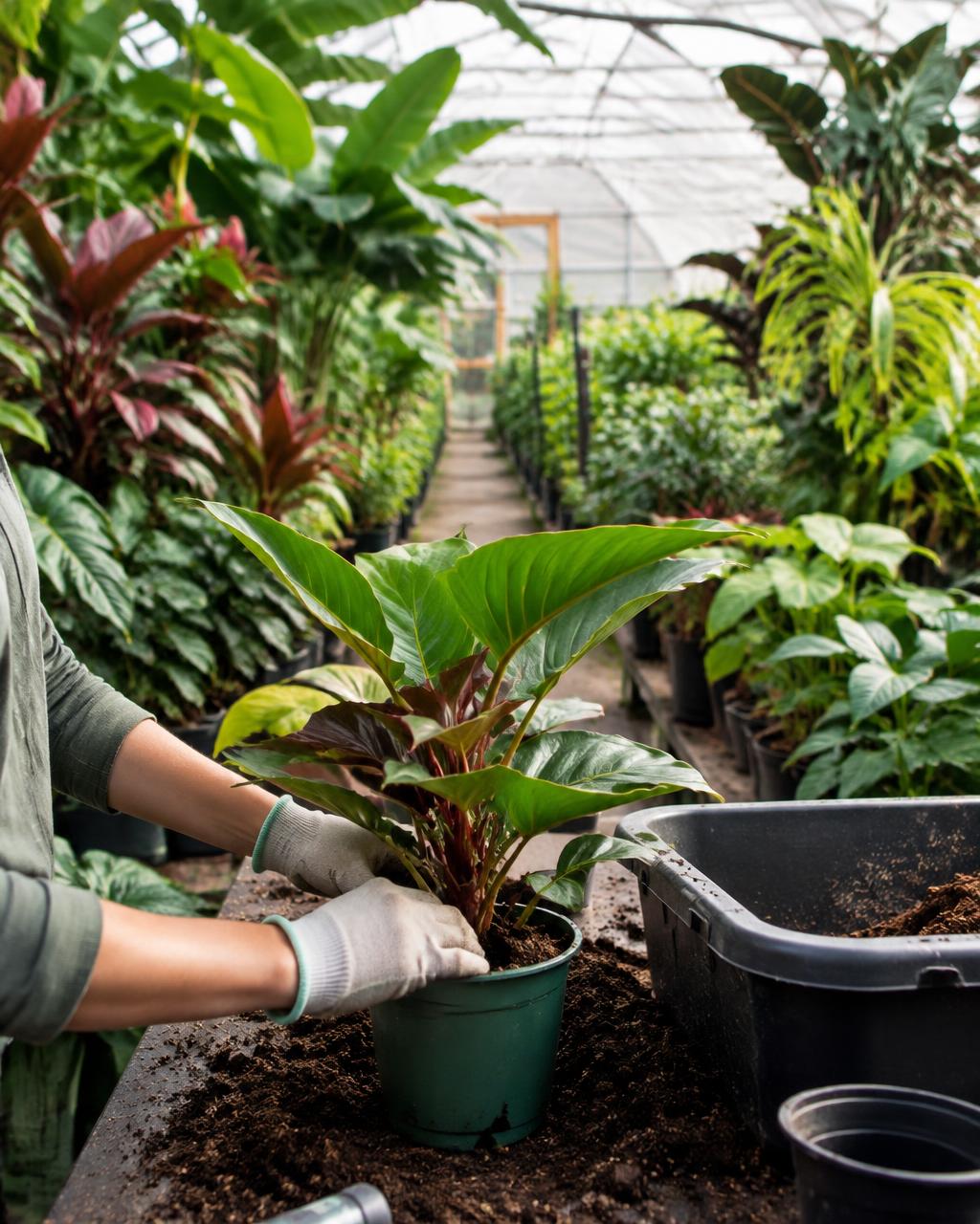 Gardener potting a plant in the Sakal nursery